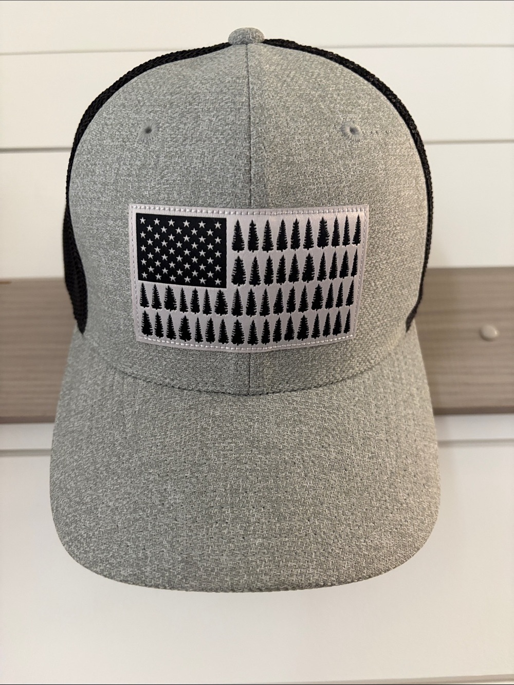 Columbia Gray and Black Mesh Trucker Hat with American Tree Patch